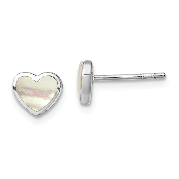 925 Sterling Silver Rhodium-plated Mother of Pearl Heart Post Earrings, 6.85mm x 7.5mm