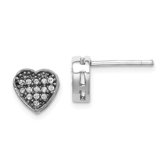 925 Sterling Silver Rhodium-plated Cubic Zirconia ( CZ ) Polished Heart Post Earrings, 7.6mm x 7.6mm
