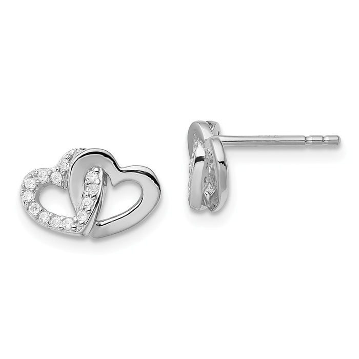 925 Sterling Silver Rhodium-plated Polished with Cubic Zirconia ( CZ ) Double Heart Post Earrings, 7.3mm x 11.2mm