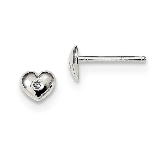 925 Sterling Silver Cubic Zirconia ( CZ ) Heart Post Earrings, 5.71mm x 6.1mm
