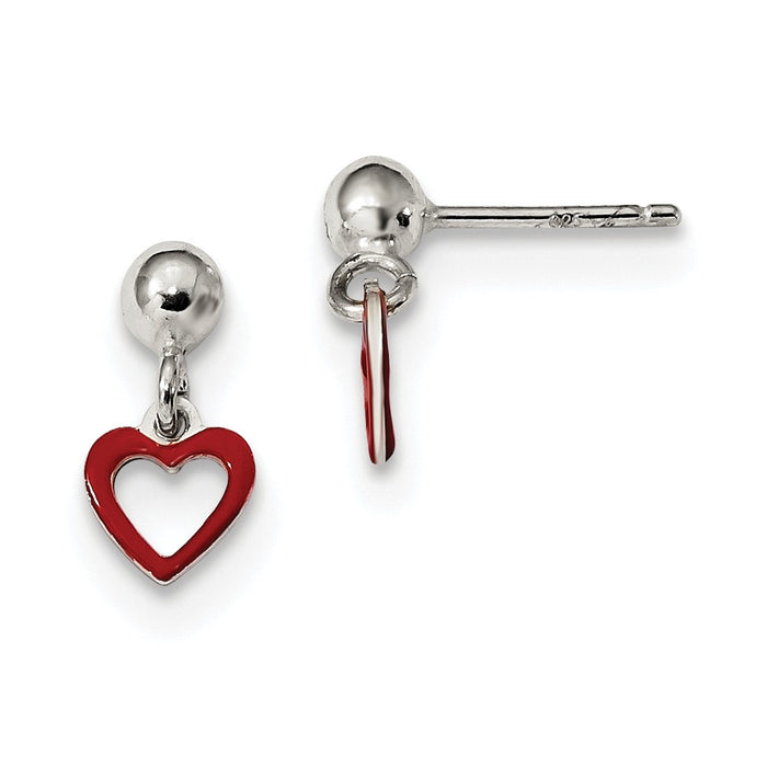 925 Sterling Silver Polished Red Enamel Heart Dangle Ball Post Earrings, 12.5mm x 6.5mm