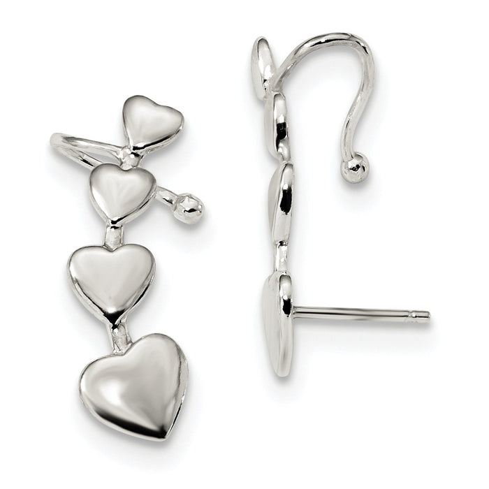 925 Sterling Silver Polished Hearts Post Cuff Earrings, 25mm x 7.9mm