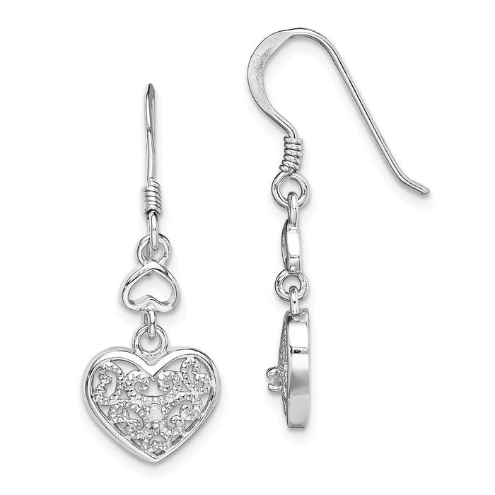 925 Sterling Silver Rhodium-plated Diamond Heart Shepherd Hook Earrings, 32mm x 11.25mm