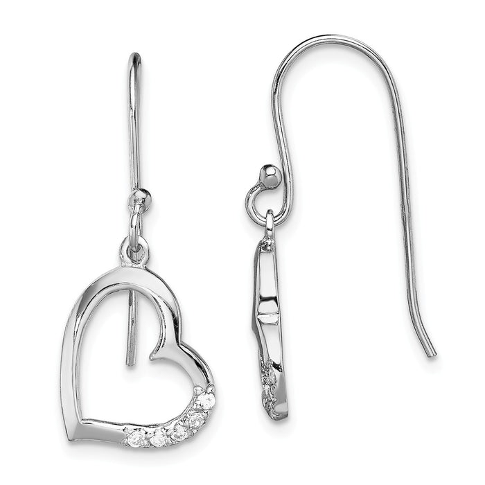 925 Sterling Silver Rhodium-plated Cubic Zirconia ( CZ ) Heart Dangle Earrings, 26mm x 12.8mm