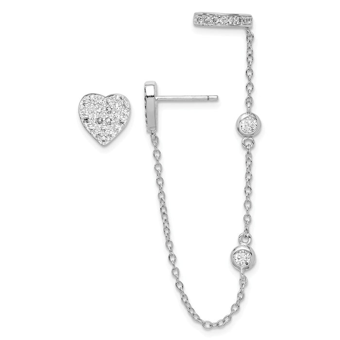 925 Sterling Silver Rhodium-plated Cubic Zirconia ( CZ ) Heart Cuff & Post Earrings, 98mm x 8mm