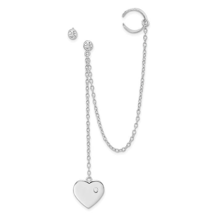 925 Sterling Silver Rhodium-plated Cubic Zirconia ( CZ ) Heart Dangle Cuff & Post Earrings, 141mm x 10.33mm