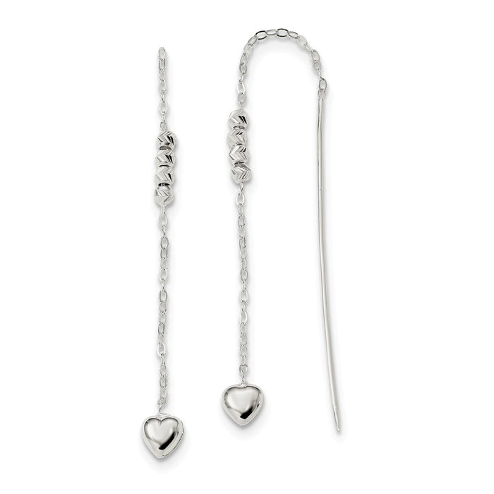925 Sterling Silver Polished and Diamond-Cut Heart Beaded Threader Earrings, 5mm x 5.9mm