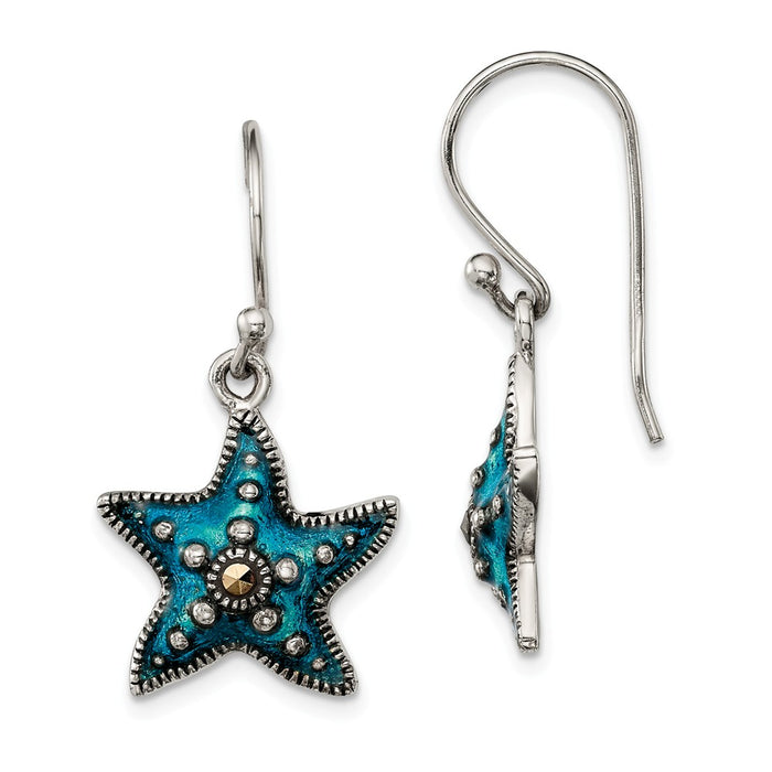 925 Sterling Silver Antiqued Blue Epoxy & Marcasite Star Dangle Earrings, 28.6mm x 16.6mm
