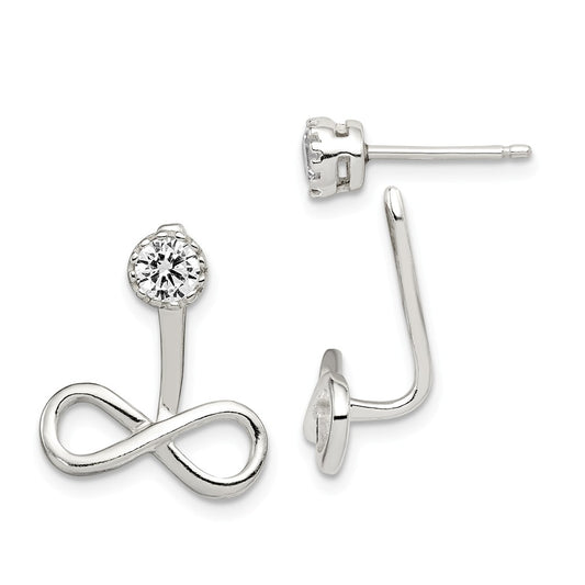 925 Sterling Silver Polished Infinity Dangle Front & Back Cubic Zirconia ( CZ ) Post Earrings, 17.4mm x 13.7mm