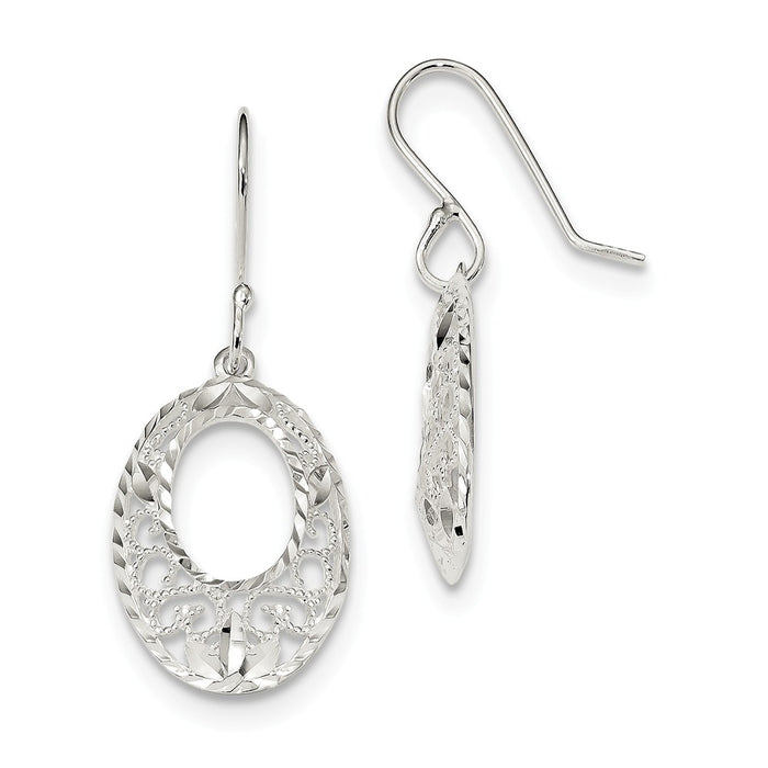 925 Sterling Silver Diamond-Cut Open Oval Dangle Shepherd Hook Earrings, 14.5mm x 15.6mm