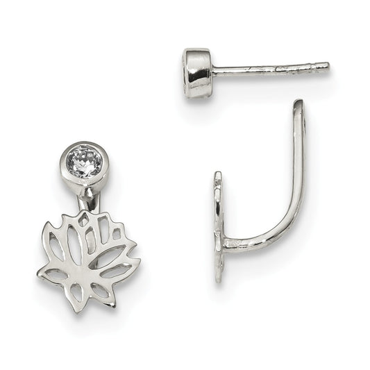 925 Sterling Silver Polished Floral Front & Back Cubic Zirconia ( CZ ) Post Earrings, 16.4mm x 8.6mm