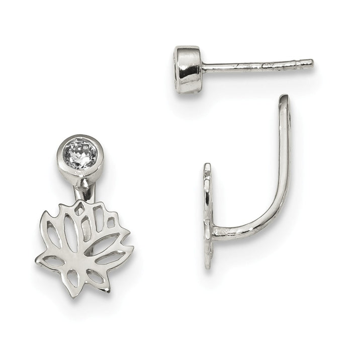 925 Sterling Silver Polished Floral Front & Back Cubic Zirconia ( CZ ) Post Earrings, 16.4mm x 8.6mm