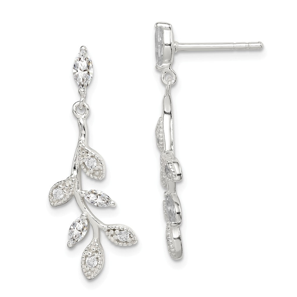 925 Sterling Silver Cubic Zirconia ( CZ ) Leaf Dangle Post Earrings, 28.5mm x 8.5mm