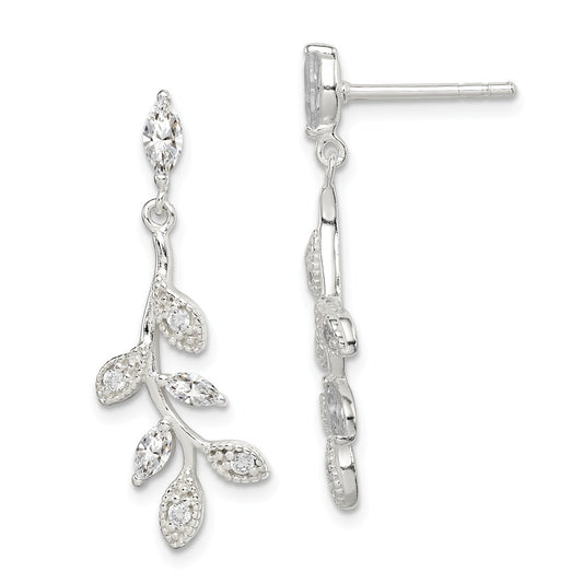 925 Sterling Silver Cubic Zirconia ( CZ ) Leaf Dangle Post Earrings, 28.5mm x 8.5mm