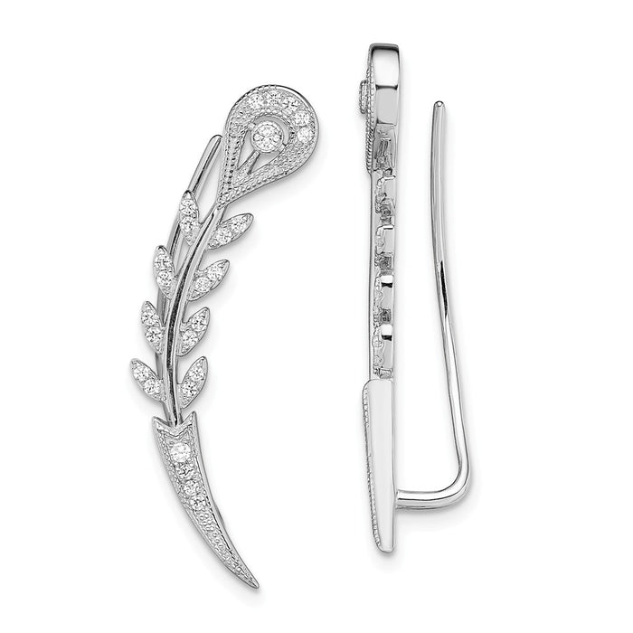 925 Sterling Silver Rhodium-plated Cubic Zirconia ( CZ ) Fancy Ear Climber Earrings, 31.6mm x 6mm