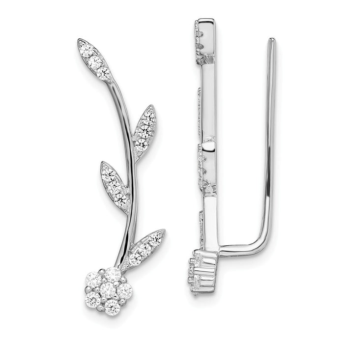 925 Sterling Silver Rhodium-plated Cubic Zirconia ( CZ ) Flower with Stem Ear Climber Earrings, 27.4mm x 6.5mm