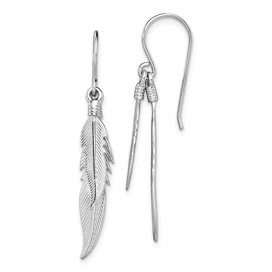 925 Sterling Silver Rhodium-plated Polished Feathers Dangle Earrings, 41.3mm x 6.5mm