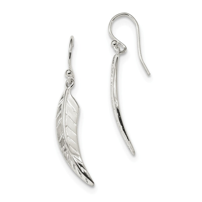 925 Sterling Silver Polished Leaf Dangle Shepherd Hook Earrings, 34.3mm x 5.9mm