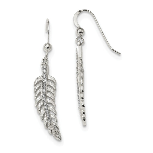 925 Sterling Silver Textured Cubic Zirconia ( CZ ) Feather Shepherd Hook Earrings, 39.6mm x 7.8mm