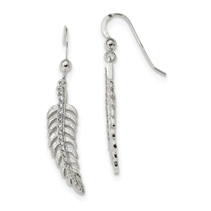 925 Sterling Silver Textured Cubic Zirconia ( CZ ) Feather Shepherd Hook Earrings, 39.6mm x 7.8mm