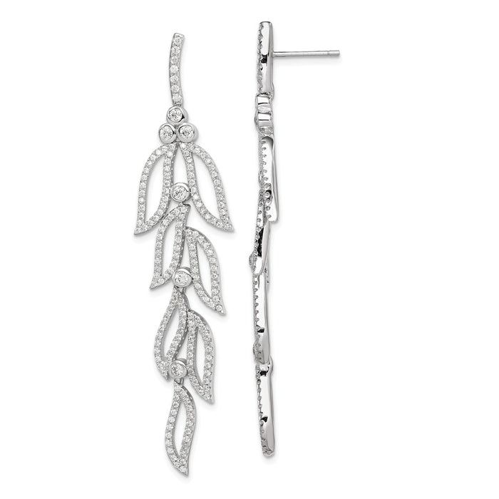 925 Sterling Silver Rhodium-plated Cubic Zirconia ( CZ ) Leaves Dangle Post Earrings, 63.5mm x 14.2mm