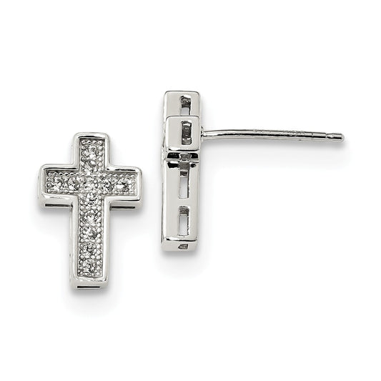 925 Sterling Silver Cubic Zirconia ( CZ ) Cross Post Earrings, 12.8mm x 8.6mm