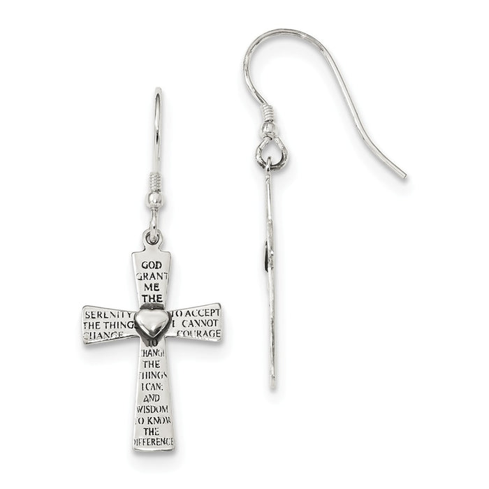 925 Sterling Silver Antiqued Serenity Prayer Cross Shepherd Hook Earrings, 38.9mm x 15.2mm