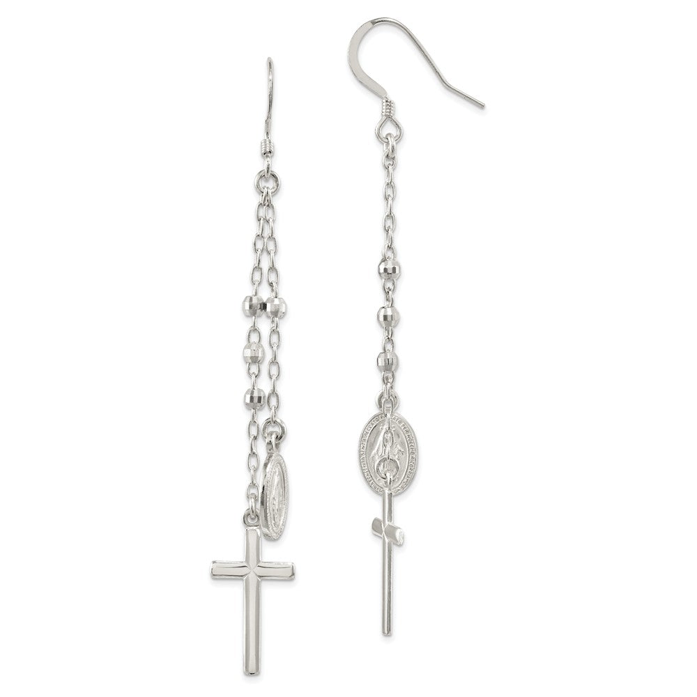 925 Sterling Silver Polished Miraculous Medal & Cross Hook Earrings,