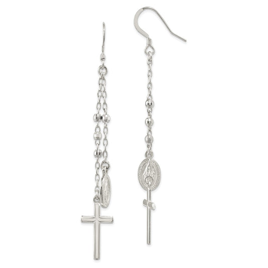 925 Sterling Silver Polished Miraculous Medal & Cross Hook Earrings,
