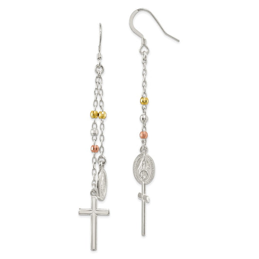 925 Sterling Silver Gold-tone/Rose-tone Miraculous Medal & Cross Hook Earrings, 79.7mm x 10.9mm