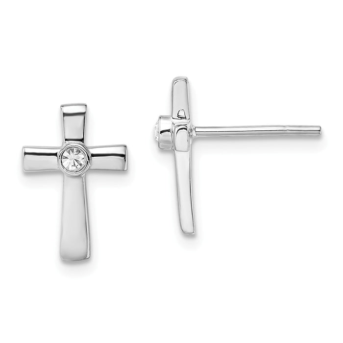 925 Sterling Silver Rhodium-plated Polished with Cubic Zirconia ( CZ ) Cross Post Earrings, 12.5mm x 8.4mm
