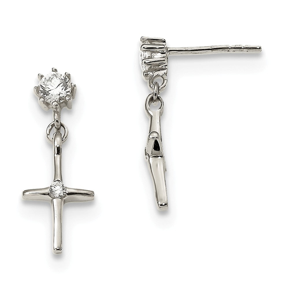 925 Sterling Silver Cubic Zirconia ( CZ ) Cross Dangle Post Earrings, 21.3mm x 8.2mm