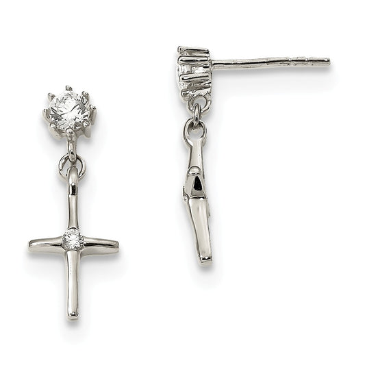925 Sterling Silver Cubic Zirconia ( CZ ) Cross Dangle Post Earrings, 21.3mm x 8.2mm