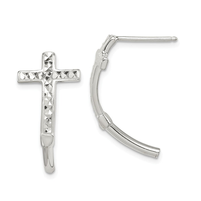 925 Sterling Silver Diamond-cut Cross J Hoop Earrings, 25.1mm x 12.2mm