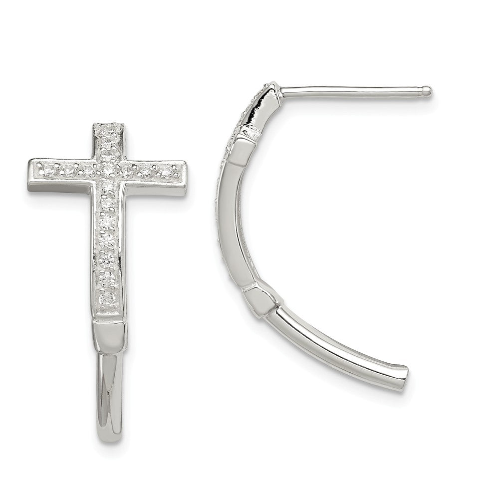 925 Sterling Silver Cubic Zirconia ( CZ ) Cross J Hoop Earrings, 23.9mm x 12.5mm