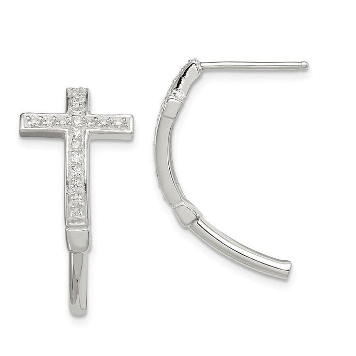 925 Sterling Silver Cubic Zirconia ( CZ ) Cross J Hoop Earrings, 23.9mm x 12.5mm