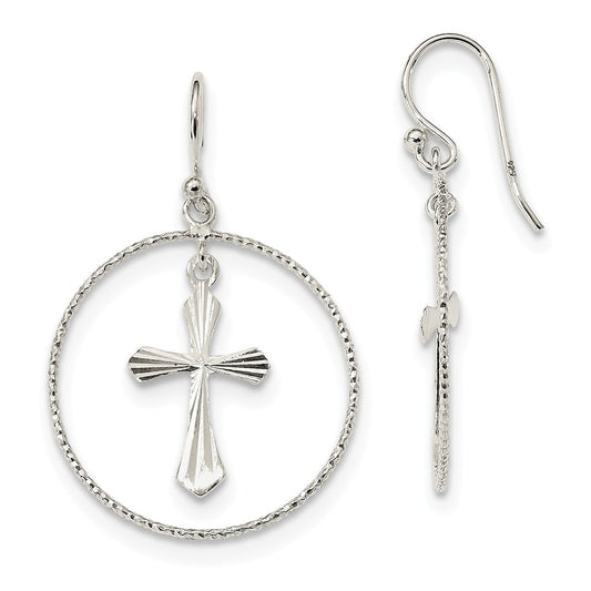 925 Sterling Silver Polished Diamond-cut Cross Dangle in Ring Earrings, 39mm x 25.4mm