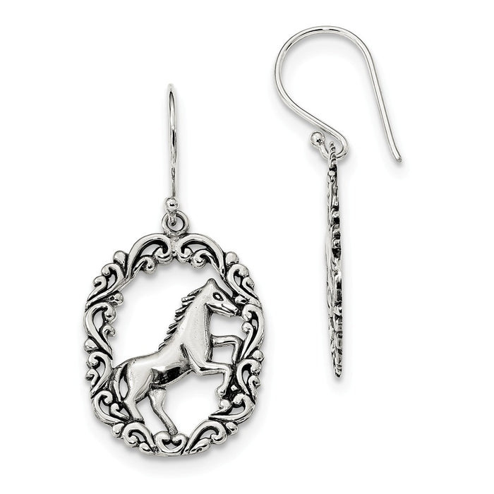 925 Sterling Silver Antiqued Horse Dangle Shepherds Hook Earrings, 41mm x 19.3mm