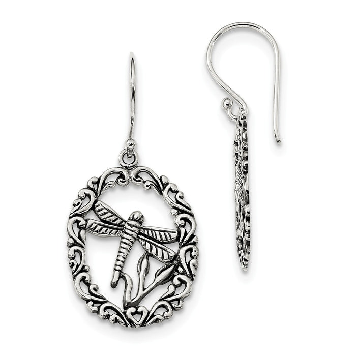 925 Sterling Silver Antiqued Dragon Fly Dangle Shepherds Hook Earrings, 27.3mm x 5.7mm