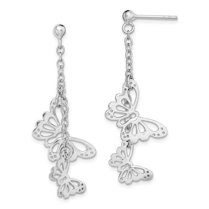 925 Sterling Silver Rhodium-plated Polished Butterfly Post Dangle Earrings, 44mm x 17.4mm