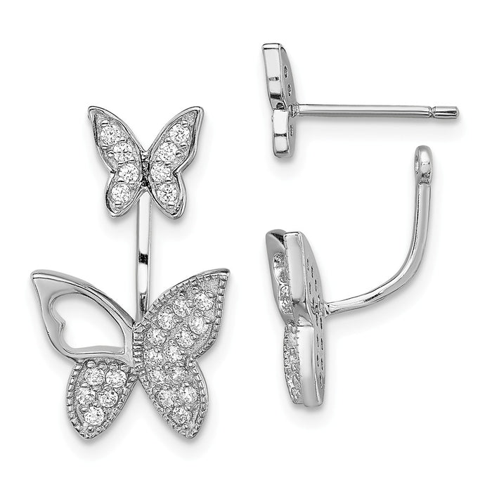 925 Sterling Silver Rhodium-plated Cubic Zirconia ( CZ ) Butterfly Front and Back Earrings, 18.8mm x 11.9mm