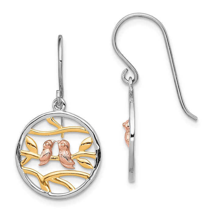 925 Sterling Silver Rhodium Rose & Gold-tone Birds on Branches Earrings, 27.5mm x 15.5mm