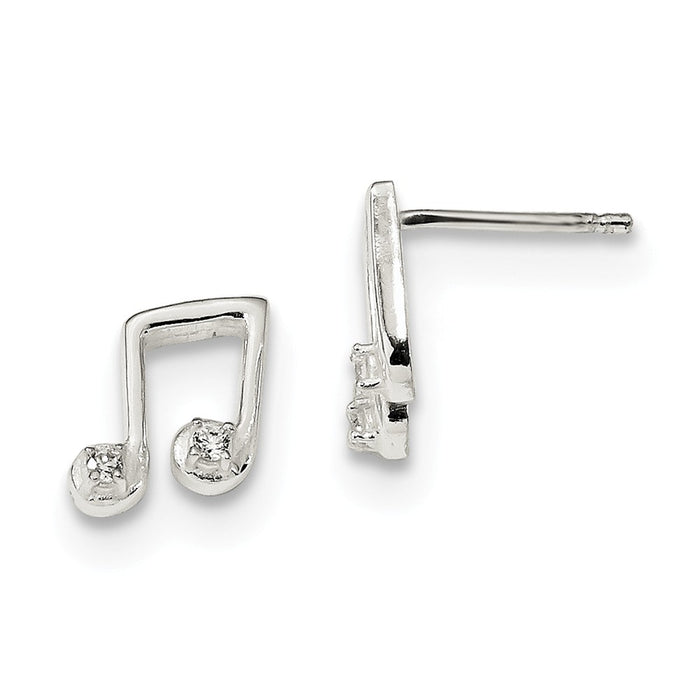 925 Sterling Silver Polished Cubic Zirconia ( CZ ) Musical Notes Post Earrings, 8.2mm x 8.4mm