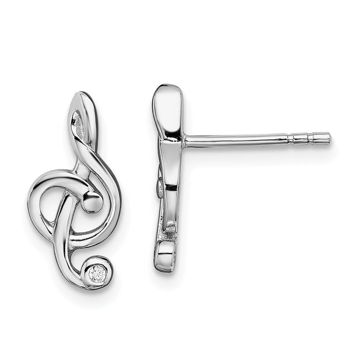 925 Sterling Silver Rhodium-plated Cubic Zirconia ( CZ ) Treble Clef Post Earrings, 13.8mm x 6.8mm