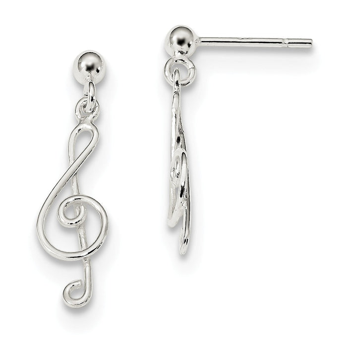 925 Sterling Silver Polished Treble Clef Post Dangle Earrings, 24.3mm x 6.5mm
