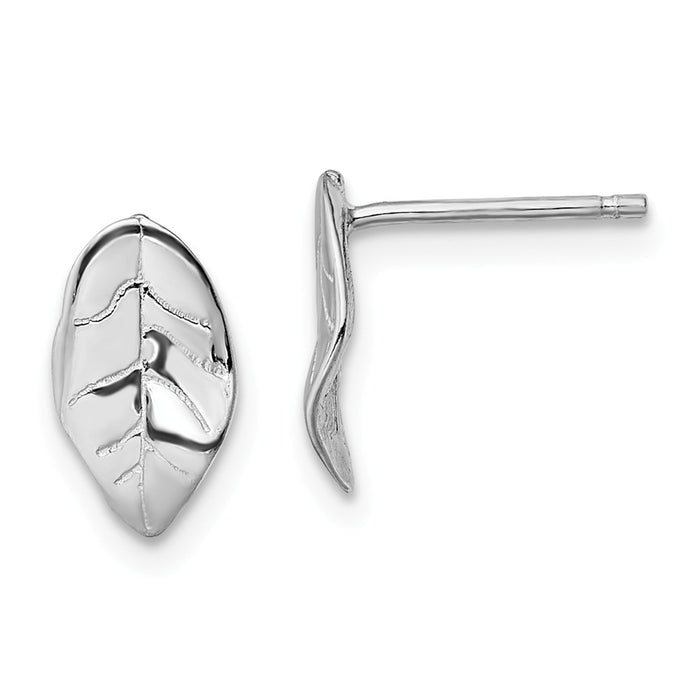 925 Sterling Silver Rhodium-plated Leaf Post Earrings, 12.13mm x 5.8mm