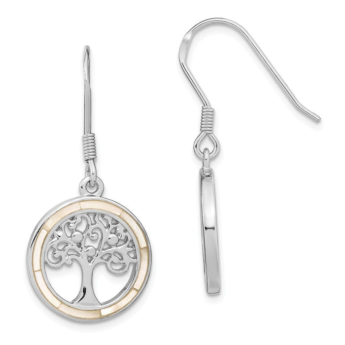 925 Sterling Silver Rhodium-plated White MOP Tree of Life Earrings, 37.03mm x 16.8mm