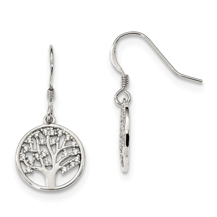 925 Sterling Silver Cubic Zirconia ( CZ ) Tree of Life Dangle Shepherd Hook Earrings, 27.34mm x 13.8mm