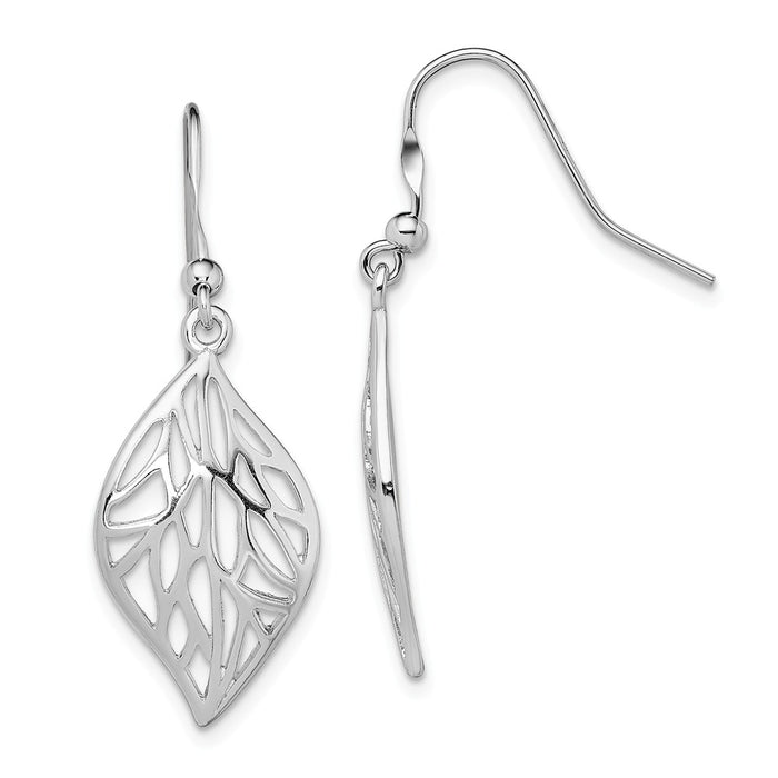 925 Sterling Silver Rhodium-plated Leaf Polished Dangle Earrings, 33.78mm x 13.3mm