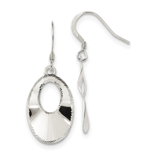 925 Sterling Silver Polished Laser Cut Oval Dangle Hook Earrings, 38.28mm x 15.26mm